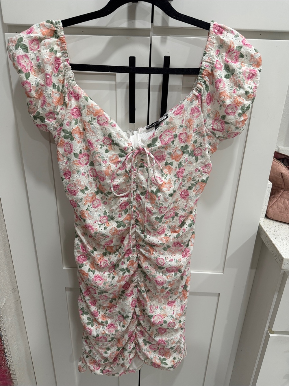 NWOT Guess White Floral Ruched Mini Dress XL